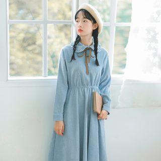 Corduroy Peter Pan Collar Tie-neck Long Sleeve Dress