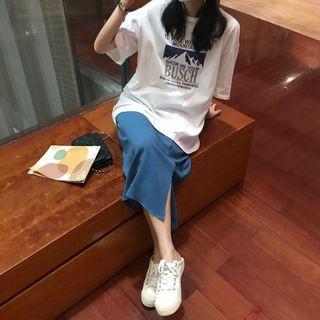 Elbow-sleeve Lettering Print T-shirt / Slit-hem A-line Midi Skirt