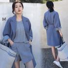 Notch Lapel Tie Waist Long Jacket