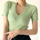 Short-sleeve Collared Knit Crop Top
