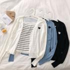 Set: Color-block Striped Strap Top + Heart Embroidered Knit Light Jacket