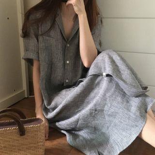 Short-sleeve Striped Midi Shirt Dress Stripe - Gray - One Size