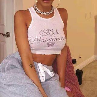 Sleeveless Crew-neck Lettering Print Crop Tank Top