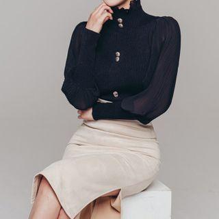 Puff-sleeve Mock-neck Frill Trim Knit Top