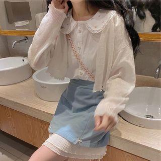 Short-sleeve Lace Trim Blouse / Tiered Mini A-line Skirt / Set