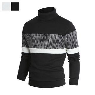 Turtle-neck Herringbone Color-block Pullover