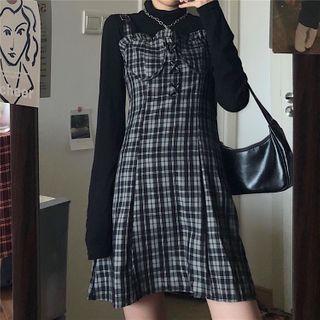 Spaghetti Strap Plaid A-line Dress / Cardigan