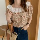 Short-sleeve Eyelet Lace Trim Floral Print Blouse