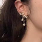 Bow Faux Pearl Earring 1 Pair - 925 Silver - Gold - One Size