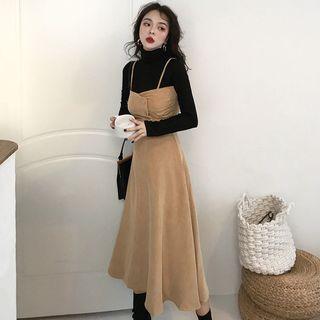 Turtleneck Long-sleeve Top / Corduroy A-line Midi Pinafore Dress