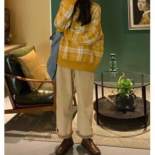 Long-sleeve Plaid Sweater / Wide Leg Corduroy Pants