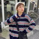 Striped Long-sleeve Loose-fit Knit Polo-shirt