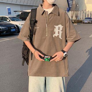 Elbow-sleeve Lettering Zip Polo Shirt / Sweatshorts