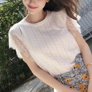 Lace Trim Short-sleeve Pointelle Knit Top