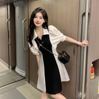 Puff-sleeve Color Block Mini A-line Polo Dress