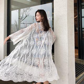 Floral Embroidered Lace Cardigan White - One Size