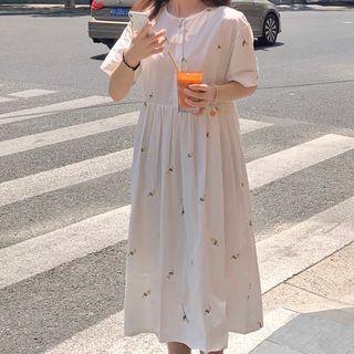 Floral Embroidered Elbow-sleeve Midi A-line Dress White - One Size