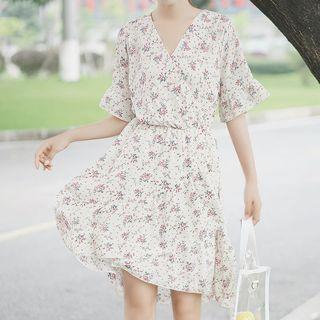 Elbow-sleeve Asymmetric Floral Chiffon A-line Dress