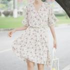 Elbow-sleeve Asymmetric Floral Chiffon A-line Dress