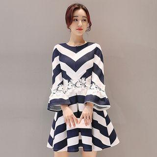 Lace Trim Striped Bell Sleeve A-line Dress