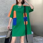 Short-sleeve Color Block T-shirt Green - One Size