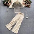 Set Of 2 : Striped Knit Short-sleeve Top + High-waist Wide-leg Pants
