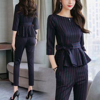 Set: Striped Elbow-sleeve Blouse + Cropped Skinny Pants