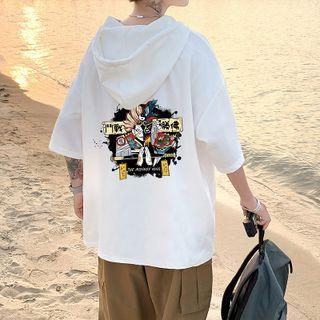 Elbow-sleeve Print Henley Hoodie