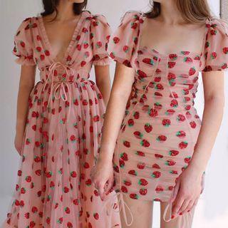 Puff-sleeve Strawberry Embroidered Sheer Dress