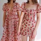 Puff-sleeve Strawberry Embroidered Sheer Dress