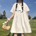Short-sleeve Tie-neck Plain Midi A-line Dress White - One Size