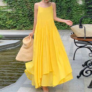 Spaghetti Strap Layered Chiffon Maxi Shift Dress Lemon Yellow - One Size
