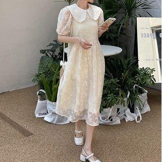 Short-sleeve Lace Collared A-line Midi Dress