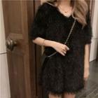 Short-sleeve Mini Furry Sheath Dress Black - One Size