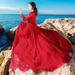 Bell-sleeve Maxi Lace Embroidered Dress