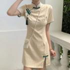Short-sleeve Check Tasseled Mini Qipao Dress