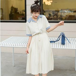 Elbow-sleeve Tie Waist Pleated Shirt Dress