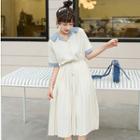 Elbow-sleeve Tie Waist Pleated Shirt Dress