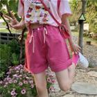 Elbow-sleeve Mock Two-piece Print T-shirt / High Waist Denim Shorts