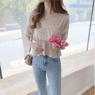 Heart Print Elbow-sleeve Peplum Blouse
