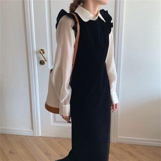 Long-sleeve Shirt / Frill Trim Midi A-line Overall Dress
