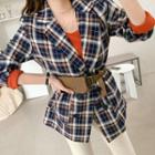 Double-breasted Plaid Jacket With Belt Bag Navy Blue - One Size
