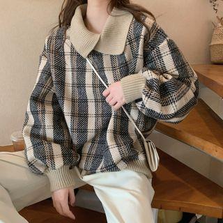 Collared Plaid Sweatshirt Beige - One Size