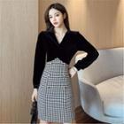 Long-sleeve Double Breasted Houndstooth Midi Dress