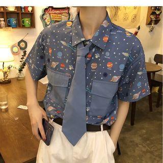 Neck Tie Printed Short-sleeve Shirt