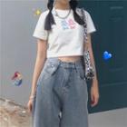 Short-sleeve Cartoon Print Cropped T-shirt / Wide-leg Jeans