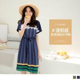 Short Sleeve Dotted Lace Panel A-line Dress