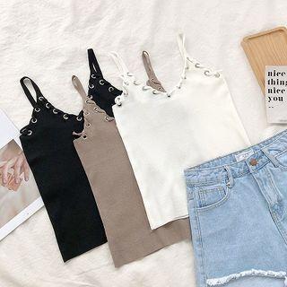 Lace-up V-neck Slim-fit Sleeveless Knit Top