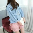 Petite Size - Belted Balloon-sleeve Denim Shirt