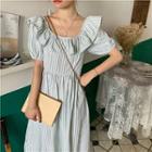 Color-block Striped Off-shoulder Puff-sleeve Dress